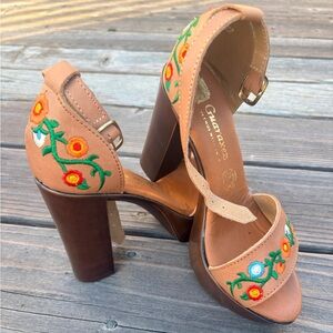 Tan Floral Embroidered Women's Heels